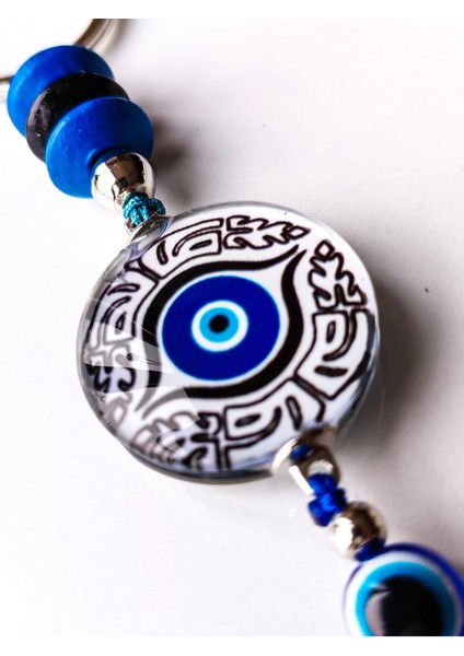 Gri Mavi Cam Boncuklu Püsküllü Mavi Anahtarlık