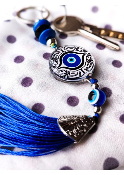 Gri Mavi Cam Boncuklu Püsküllü Mavi Anahtarlık indirimleri