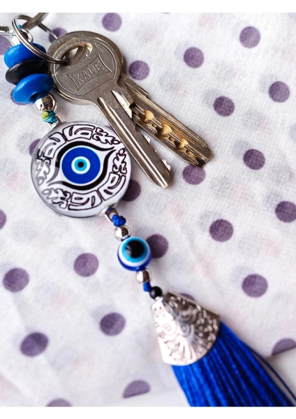 Gri Mavi Cam Boncuklu Püsküllü Mavi Anahtarlık