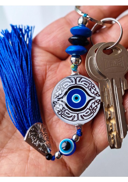 Gri Mavi Cam Boncuklu Püsküllü Mavi Anahtarlık