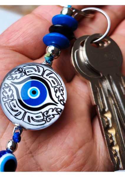 Gri Mavi Cam Boncuklu Püsküllü Mavi Anahtarlık