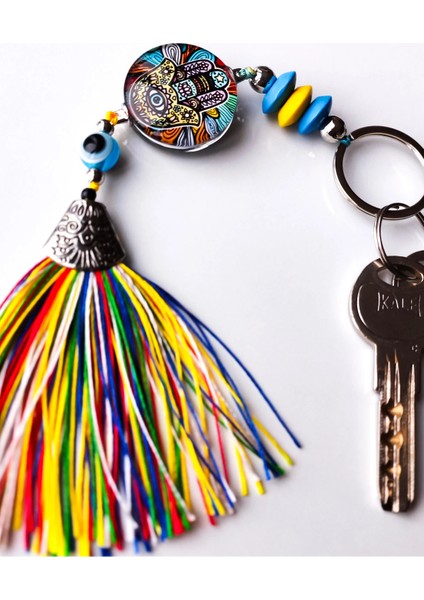 Renkli Fatımanın Eli Cam Boncuklu Renkli Püsküllü Anahtarlık