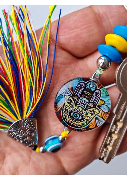 Renkli Fatımanın Eli Cam Boncuklu Renkli Püsküllü Anahtarlık
