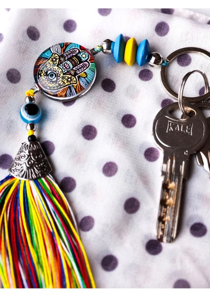 Renkli Fatımanın Eli Cam Boncuklu Renkli Püsküllü Anahtarlık