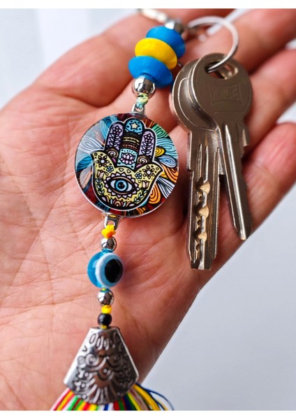 Renkli Fatımanın Eli Cam Boncuklu Renkli Püsküllü Anahtarlık