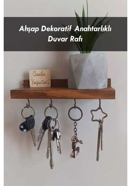 Anahtar Askısı, Ahşap Askılık, Duvar Rafı, 4 Kancalı Dekoratif Kupa Anahtarlık Askısı - 20 x 8 cm