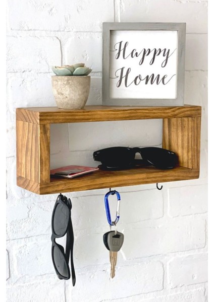 Kancalı Ahşap Raf Organizer, Anahtar Askısı, Ahşap Askılık, Anahtarlıklı Duvar Rafı, Anahtarlık