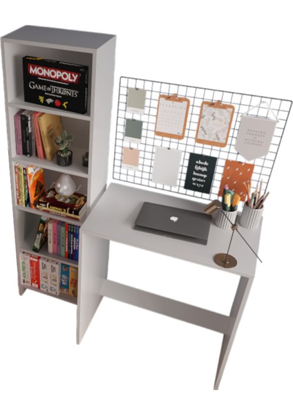 %100 Mdf Kitaplık ve Çalışma Masası Seti Soft Beyaz Cabinse