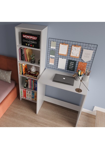 %100 Mdf Kitaplık ve Çalışma Masası Seti Soft Beyaz Cabinse
