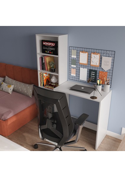 %100 Mdf Kitaplık ve Çalışma Masası Seti Soft Beyaz Cabinse