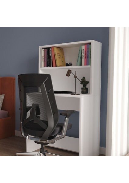 %100 Mdf Soft Beyaz Çalışma Masası 2 Raflı Cabinse
