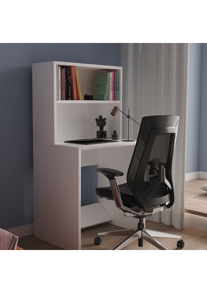 %100 Mdf Soft Beyaz Çalışma Masası 2 Raflı Cabinse