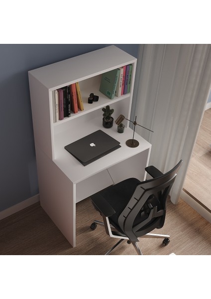 %100 Mdf Soft Beyaz Çalışma Masası 2 Raflı Cabinse