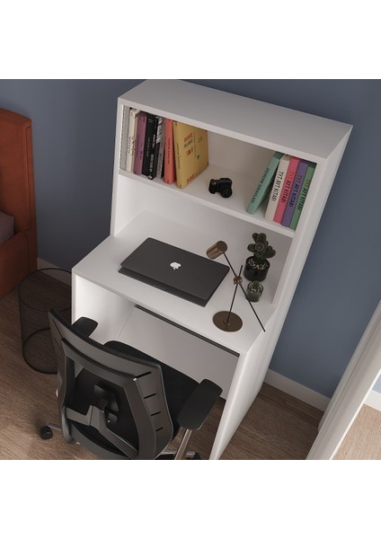 %100 Mdf Soft Beyaz Çalışma Masası 2 Raflı Cabinse