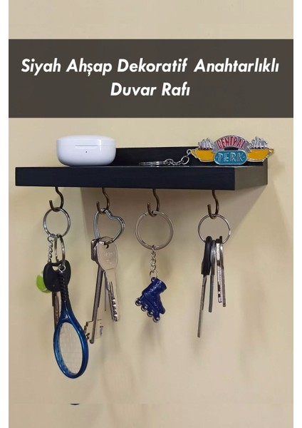 Siyah Anahtar Askısı, Ahşap Askılık, Duvar Rafı, 4 Kancalı Siyah Anahtarlık Askısı - 20 x 8 cm