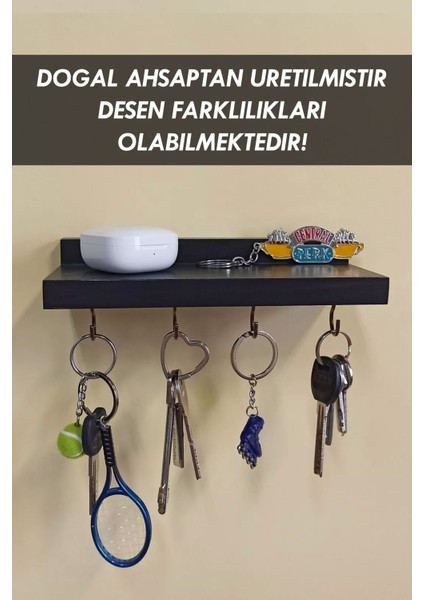Siyah Anahtar Askısı, Ahşap Askılık, Duvar Rafı, 4 Kancalı Siyah Anahtarlık Askısı - 20 x 8 cm modelleri