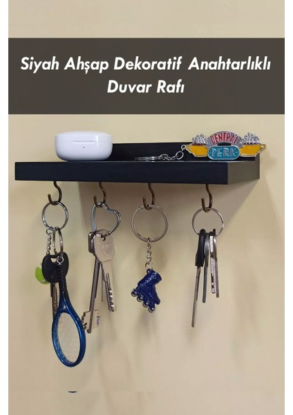 Siyah Anahtar Askısı, Ahşap Askılık, Duvar Rafı, 4 Kancalı Siyah Anahtarlık Askısı - 20 x 8 cm fırsatları