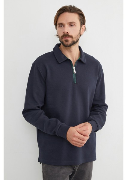 Basic Polo Yaka Yarım Fermuarlı Pike Sweatshirt