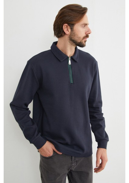Basic Polo Yaka Yarım Fermuarlı Pike Sweatshirt indirimleri