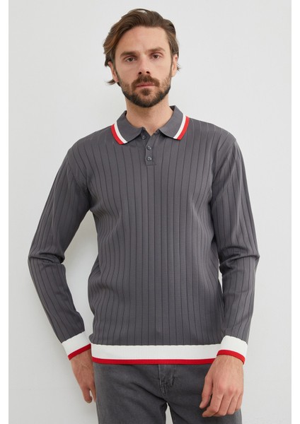 Çizgili Fitilli Polo Yaka Triko Kazak fiyatları