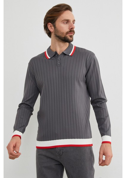 Çizgili Fitilli Polo Yaka Triko Kazak modelleri