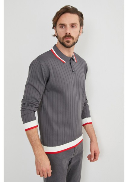 Çizgili Fitilli Polo Yaka Triko Kazak