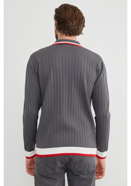 Çizgili Fitilli Polo Yaka Triko Kazak