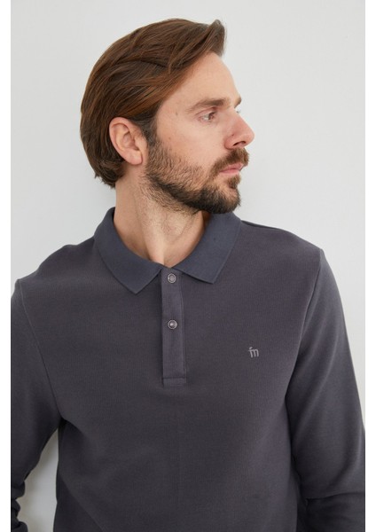 Fitilli Polo Yaka Düğmeli Sweatshirt