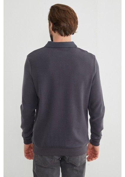 Fitilli Polo Yaka Düğmeli Sweatshirt