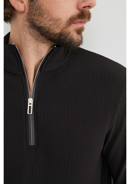 Fitilli Yarım Fermuarlı Sweatshirt
