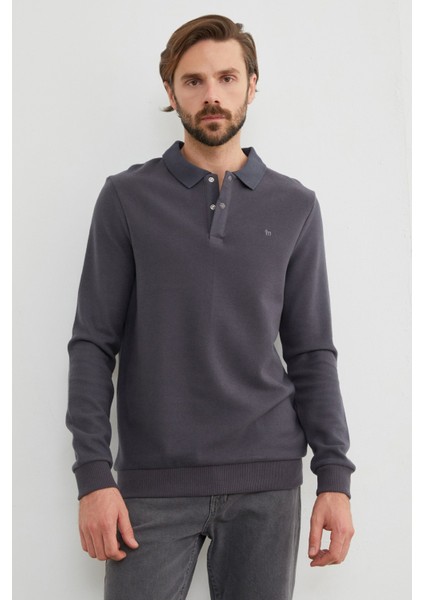 Fitilli Polo Yaka Düğmeli Sweatshirt