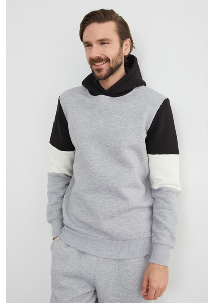 3 Iplik Kolu Renk Bloklu Kapüşonlu Sweatshirt