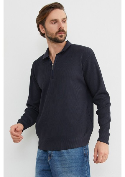 Fitilli Yarım Fermuarlı Triko Kazak