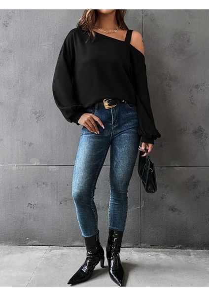 Eyesof Kadın Uzun Kollu Tek Omuz Askı Detay Salaş Viskon Iki Iplik Bluz