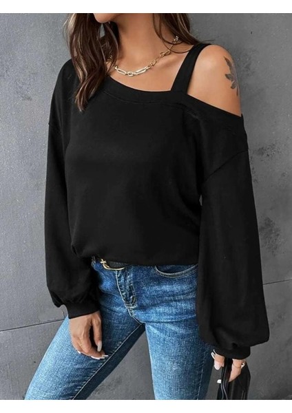 Kadın Uzun Kollu Tek Omuz Askı Detay Salaş Viskon Iki Iplik Bluz