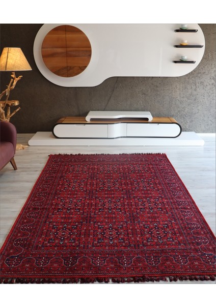 Afgan Kırmızı Salon Halısı Arte Etnik Kilim Yıkanabilir Mutfak Halısı Kaymaz Taban Dekoratif Halı Örgü Saçaklı Yatak Odası
