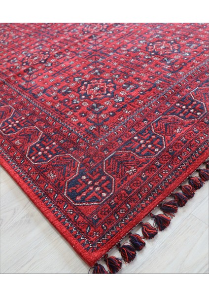 Afgan Kırmızı Salon Halısı Arte Etnik Kilim Yıkanabilir Mutfak Halısı Kaymaz Taban Dekoratif Halı Örgü Saçaklı Yatak Odası