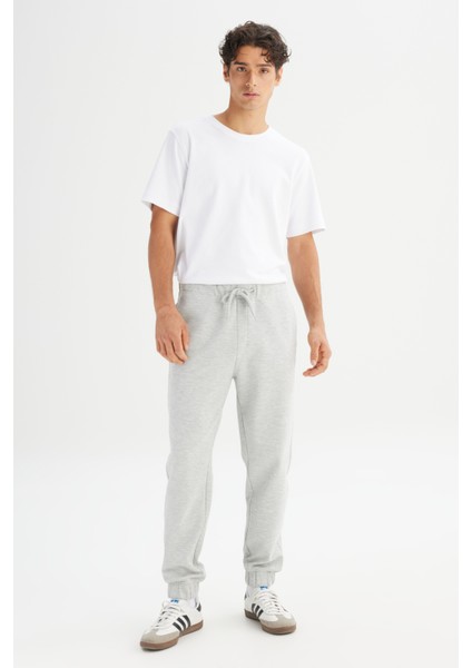 Regular Fit Normal Kesim Ribanalı Paça Gri Melanj Sweatpant Eşofman Altı