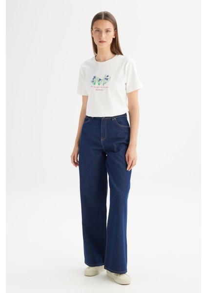 %100 Pamuk Wide Leg Yüksek Bel Geniş Paça Koyu Mavi Denim Pantolon