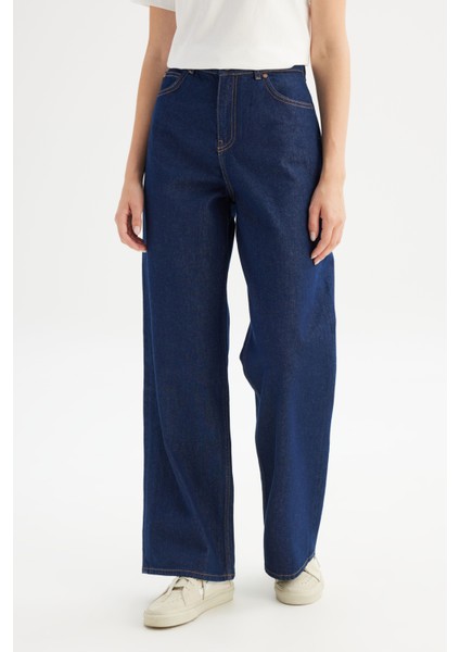 %100 Pamuk Wide Leg Yüksek Bel Geniş Paça Koyu Mavi Denim Pantolon fiyatları