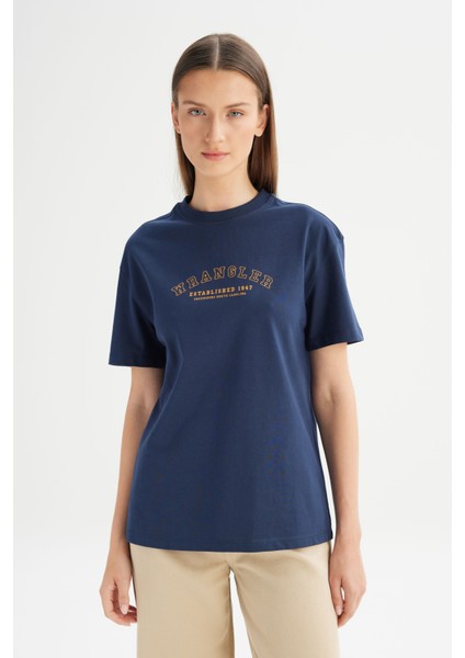 %100 Pamuk Relaxed Fit Geniş Kesim Bisiklet Yaka Big Logo Lacivert Tişört