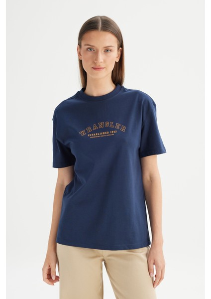 %100 Pamuk Relaxed Fit Geniş Kesim Bisiklet Yaka Big Logo Lacivert Tişört modelleri