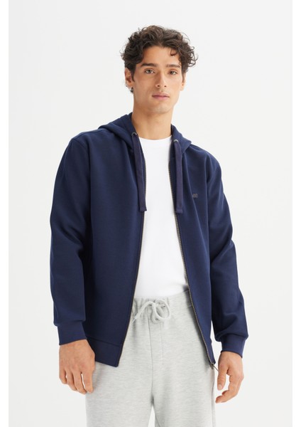 Regular Fit Normal Kesim Kapüşonlu Fermuarlı Lacivert Sweatshirt Ceket