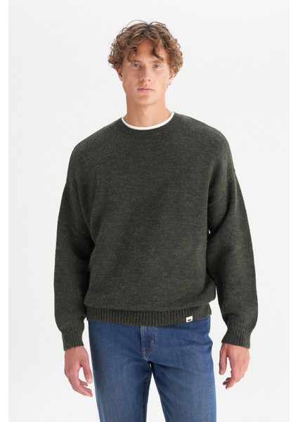 Relaxed Fit Geniş Kesim Bisiklet Yaka Koyu Yeşil Triko Kazak