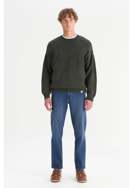 Relaxed Fit Geniş Kesim Bisiklet Yaka Koyu Yeşil Triko Kazak fiyatları