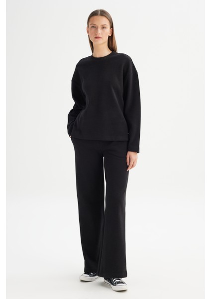 Straight Fit Düz Kesim Normal Bel Siyah Sweatpant Eşofman Altı