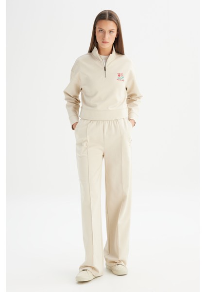 Loose Fit Geniş Paça Bej Pamuklu Esnek Sweatpant modelleri