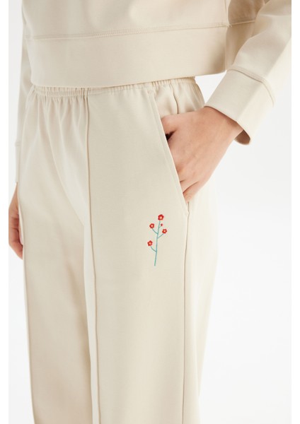 Loose Fit Geniş Paça Bej Pamuklu Esnek Sweatpant indirimleri