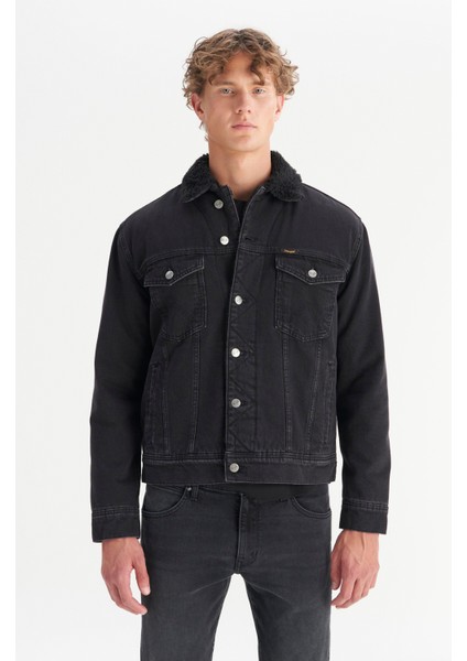 %100 Pamuk Regular Fit Normal Kesim Sherpa Detaylı Siyah Denim Ceket
