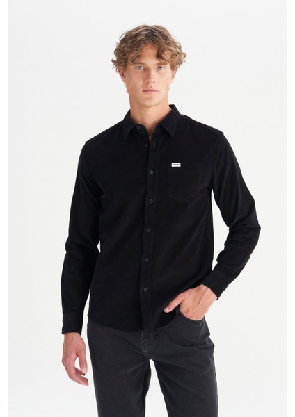 %100 Pamuk Regular Fit Normal Kesim Klasik Yaka Cepli Kadife Gömlek